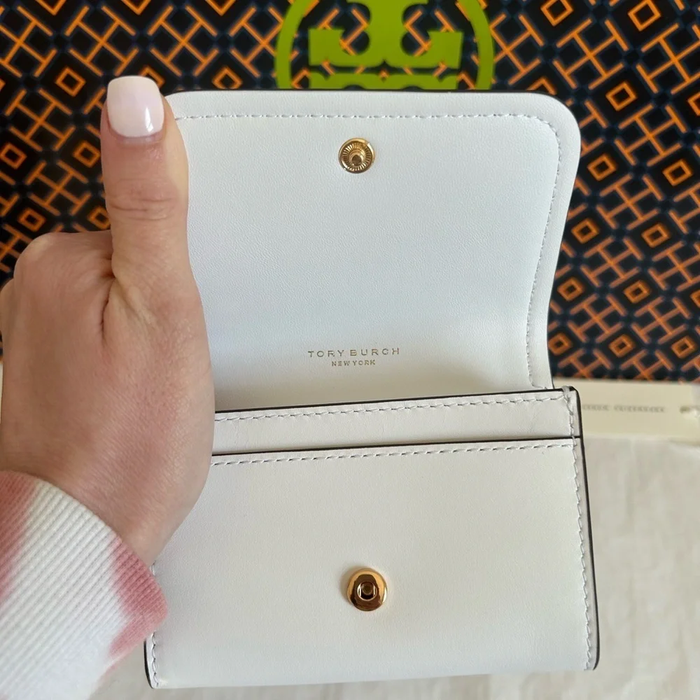 Tory Burch Emerson Soft Colorblock Flap Card Case Wallet Optic White Moose